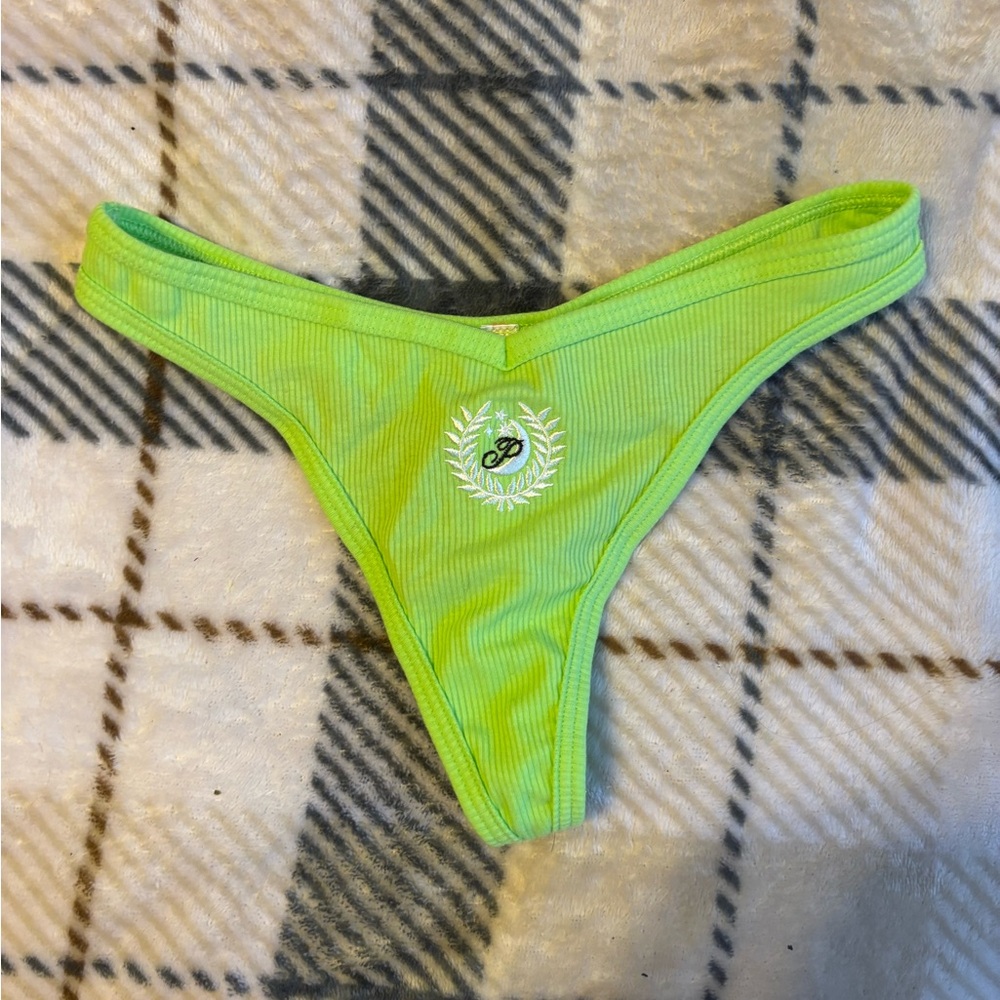Victoria's Secret Pink Thong Panties Ribbed Lime Green Embroidered NWT Size S